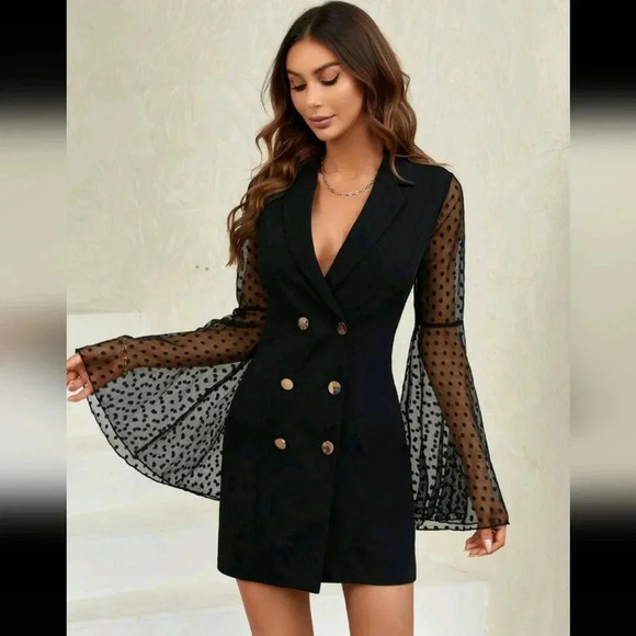 Dresses & Skirts - Contrast Mesh Flare Sleeve Double Breasted Blazer Dress